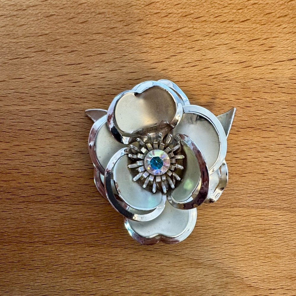 Vintage Silver Tone Flower Brooch Aurora Borealis Rhinestone Mid Century Pin